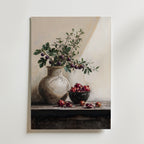 Terracotta Harvest Poster – stilleben med granatäpplen och fikon mot kalkad vägg