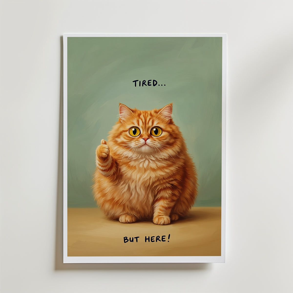 Tired But Here Poster – orange katt med texten Tired but here