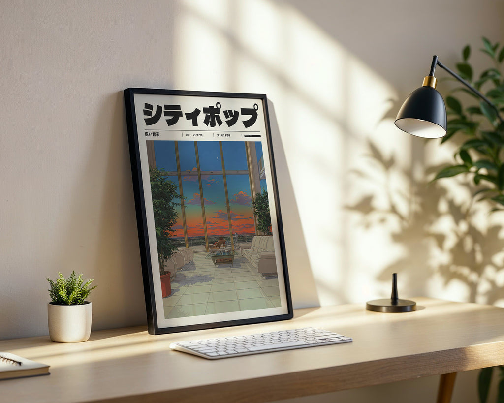 Väggmockup med Tokyo Sunset Reflections – köp enkelt hos Bozetto affisch i hög kvalitet