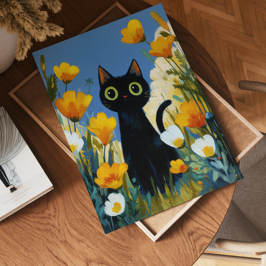 Midnight Meadow Cat affisch på vit bakgrund – köp enkelt hos Bozetto i hög kvalitet