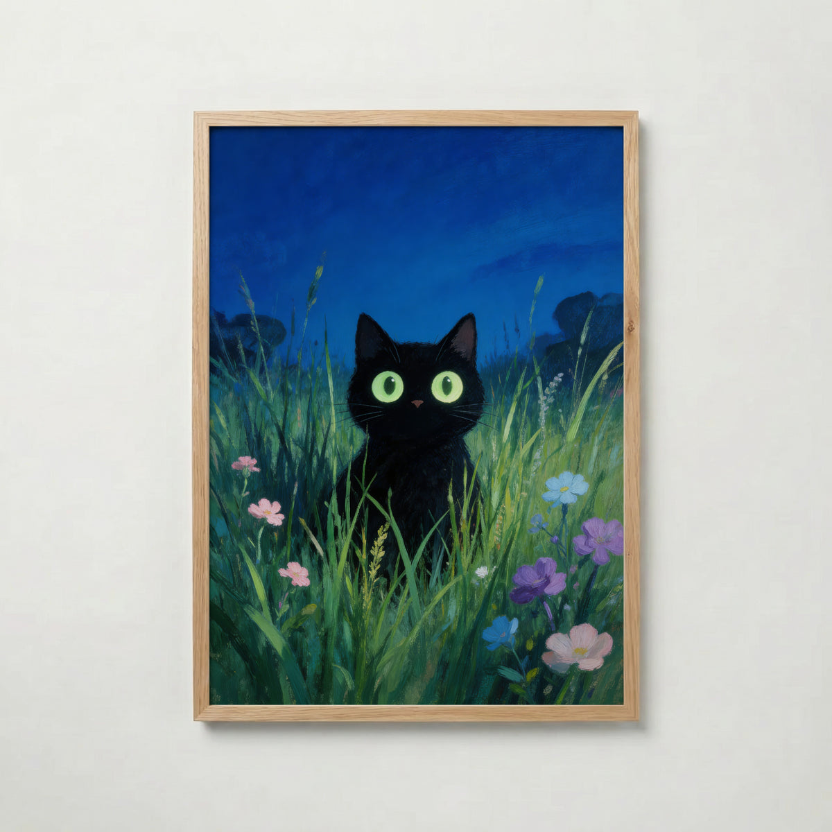 Verdant Night Cat poster visad rakt fram – Bozetto affisch i hög tryckkvalitet i hög tryckkvalitet
