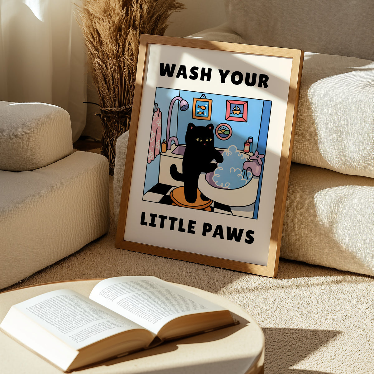 Wash Your Little Paws poster inramad i stilren miljö – Bozetto konsttryck i hög kvalitet