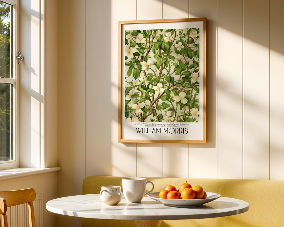 Väggmockup av William Morris Ivory Blossom affisch på ljus vägg – Bozetto konsttryck