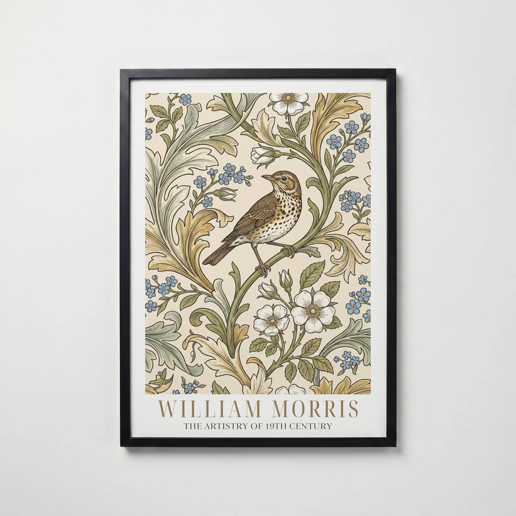 William Morris Song Thrush Woodblock Poster – svart ram