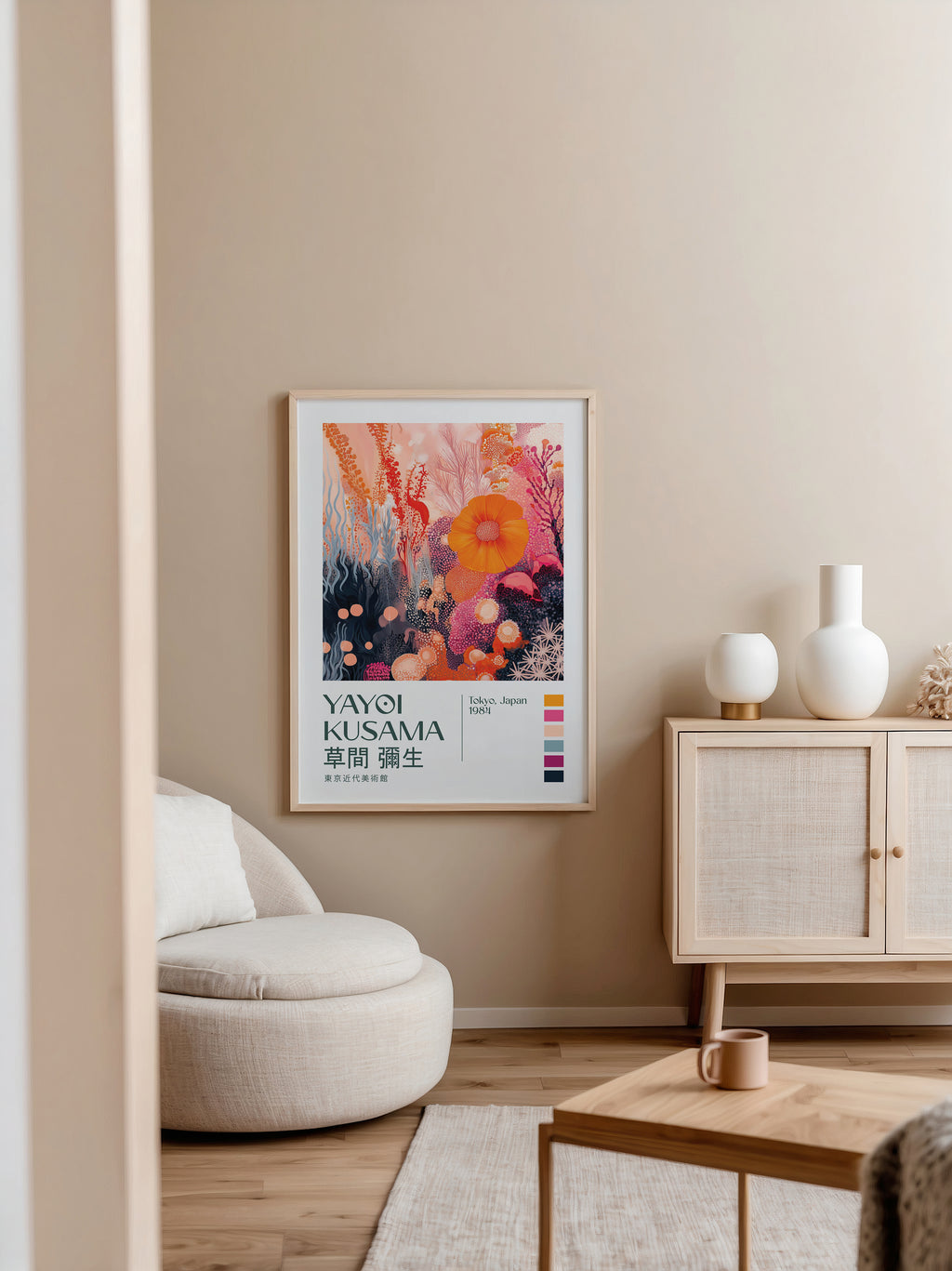 Väggmockup med Yayoi Kusama Blooming Coral – köp enkelt hos Bozetto affisch i hög kvalitet