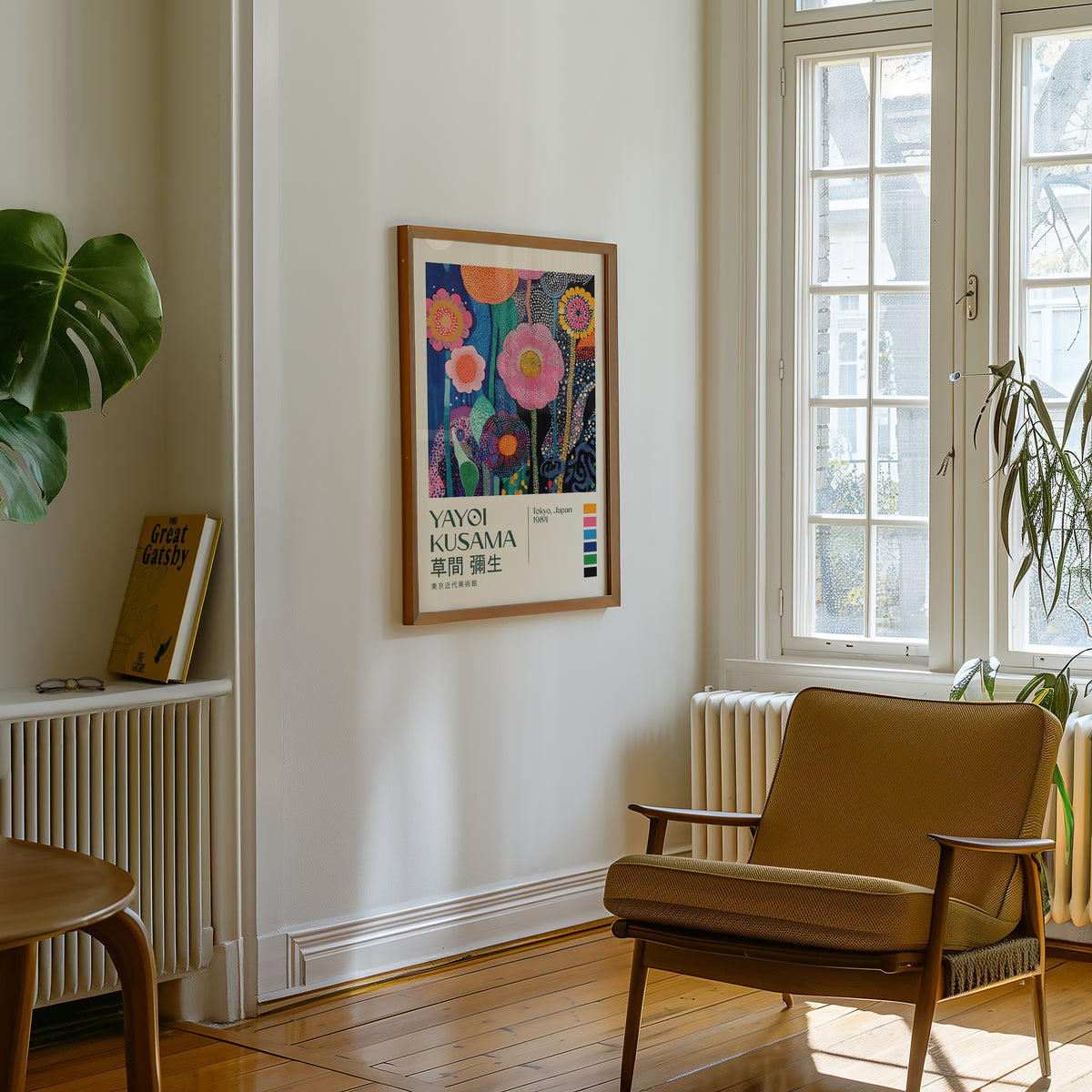 Väggmockup av Yayoi Kusama Blooming Infinity affisch på ljus vägg – Bozetto konsttryck