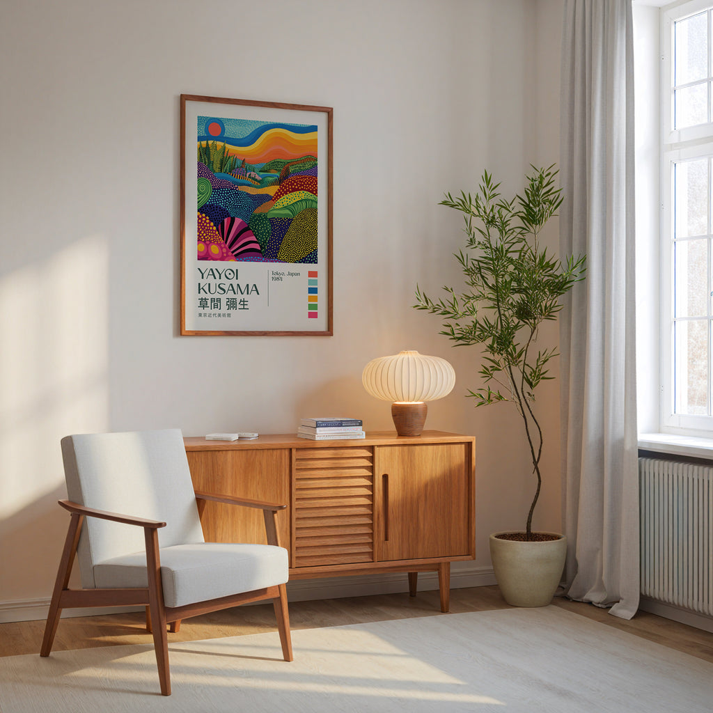 Yayoi Kusama Endless Patterned affisch på neutral bakgrund – poster från Bozetto
