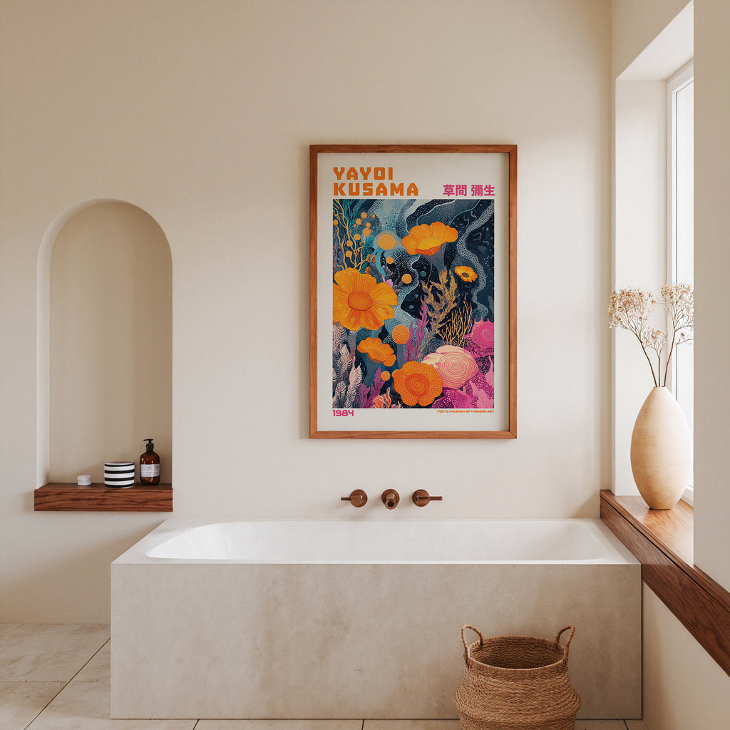 Yayoi Kusama Golden Night Garden affisch på neutral bakgrund – poster från Bozetto