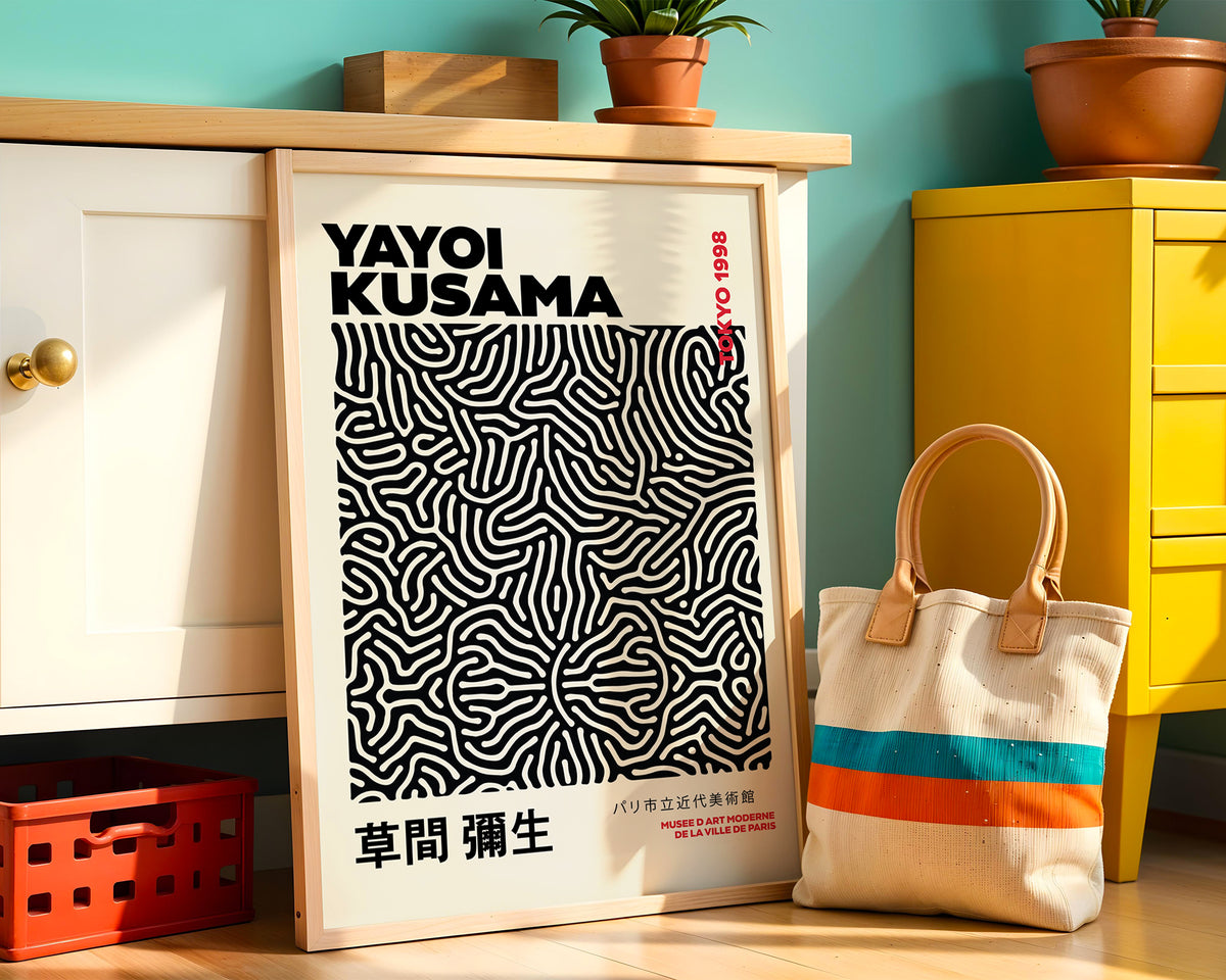 Väggmockup med Yayoi Kusama Infinity Lines – köp enkelt hos Bozetto affisch i hög kvalitet