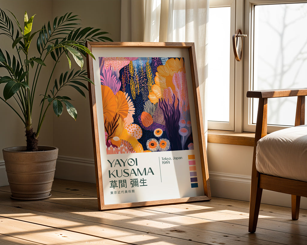 Väggmockup av Yayoi Kusama Luminous Garden affisch på ljus vägg – Bozetto konsttryck
