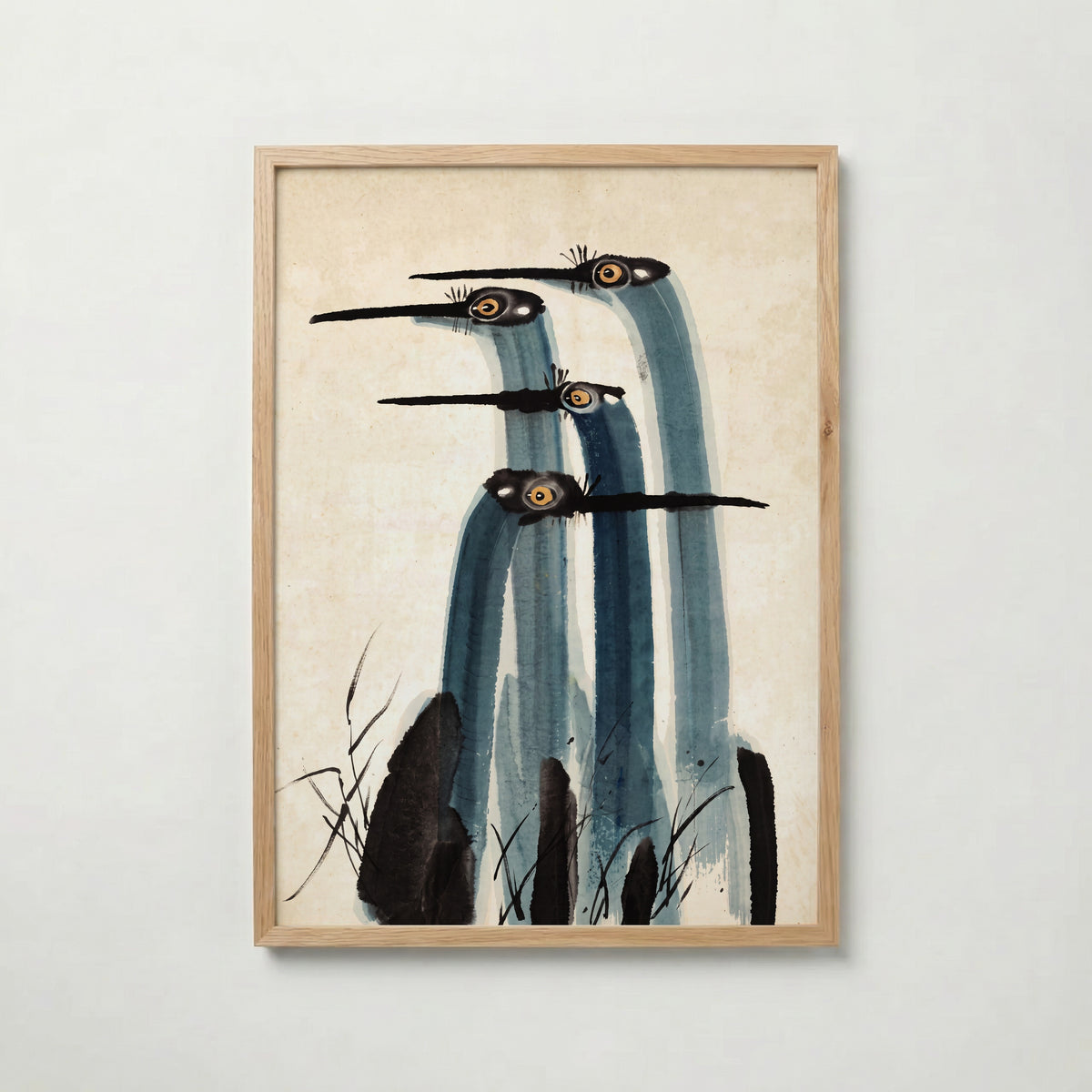 Ink Cranes Poster, japanskt tranmotiv i tusch i ekram, tryckt i Sverige av Bozetto