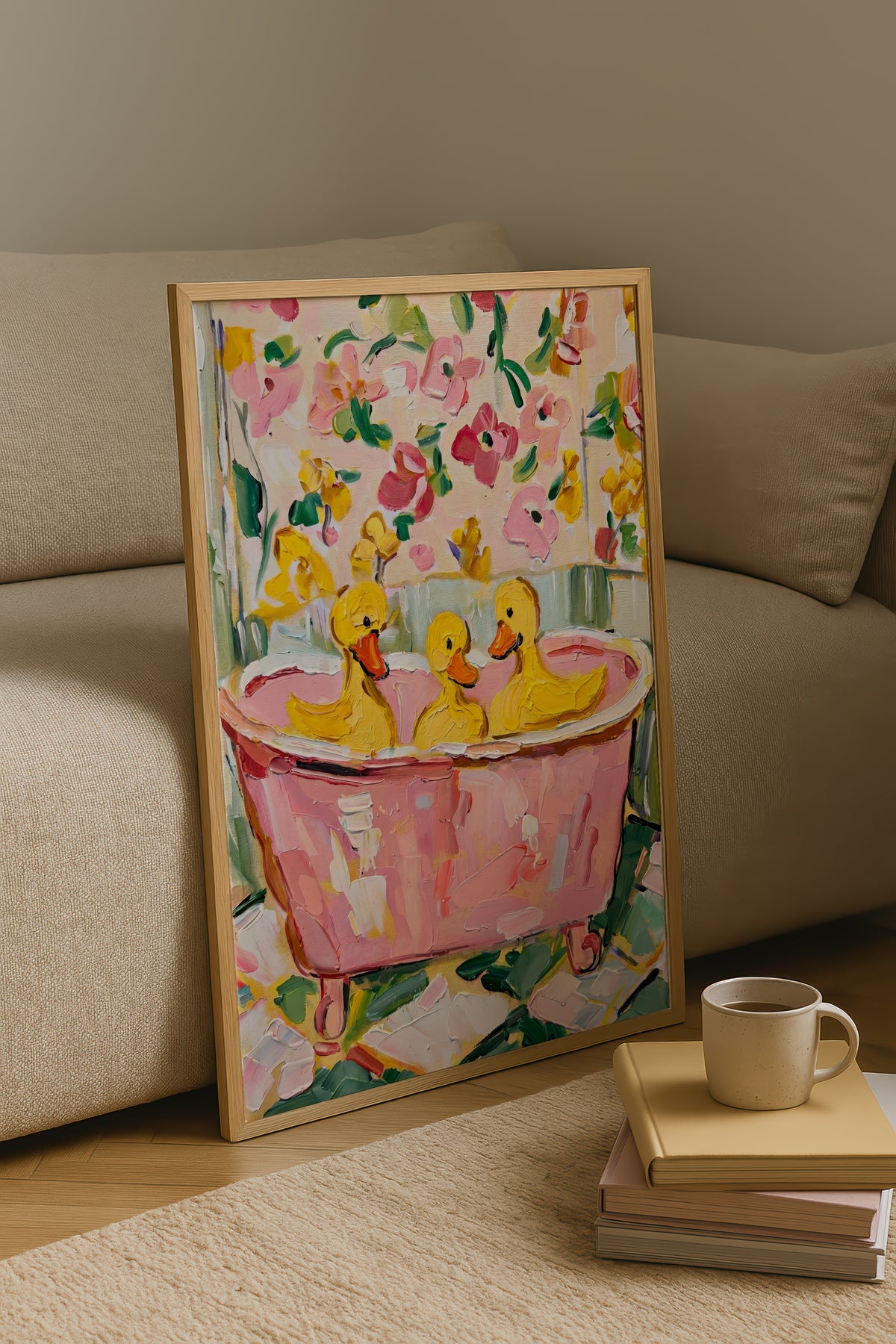 Bubble Bath Ducks affisch i minimalistiskt sovrum – köp enkelt hos Bozetto i hög kvalitet