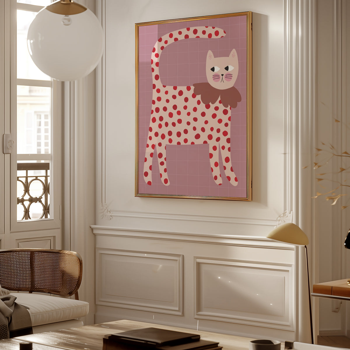 Dotty Whiskers affisch i ljust minimalistiskt vardagsrum – köp enkelt hos Bozetto