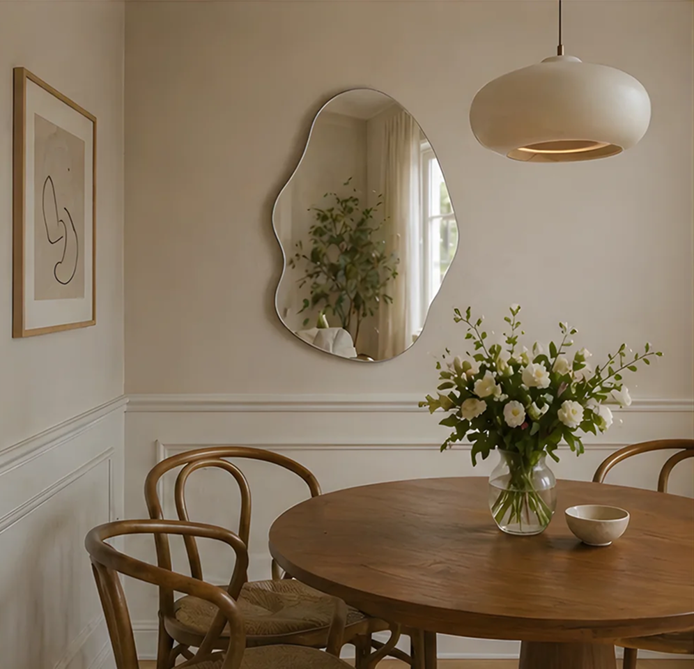 Asymmetrisk spejl på en lys væg over et rundt træbord med hvide blomster