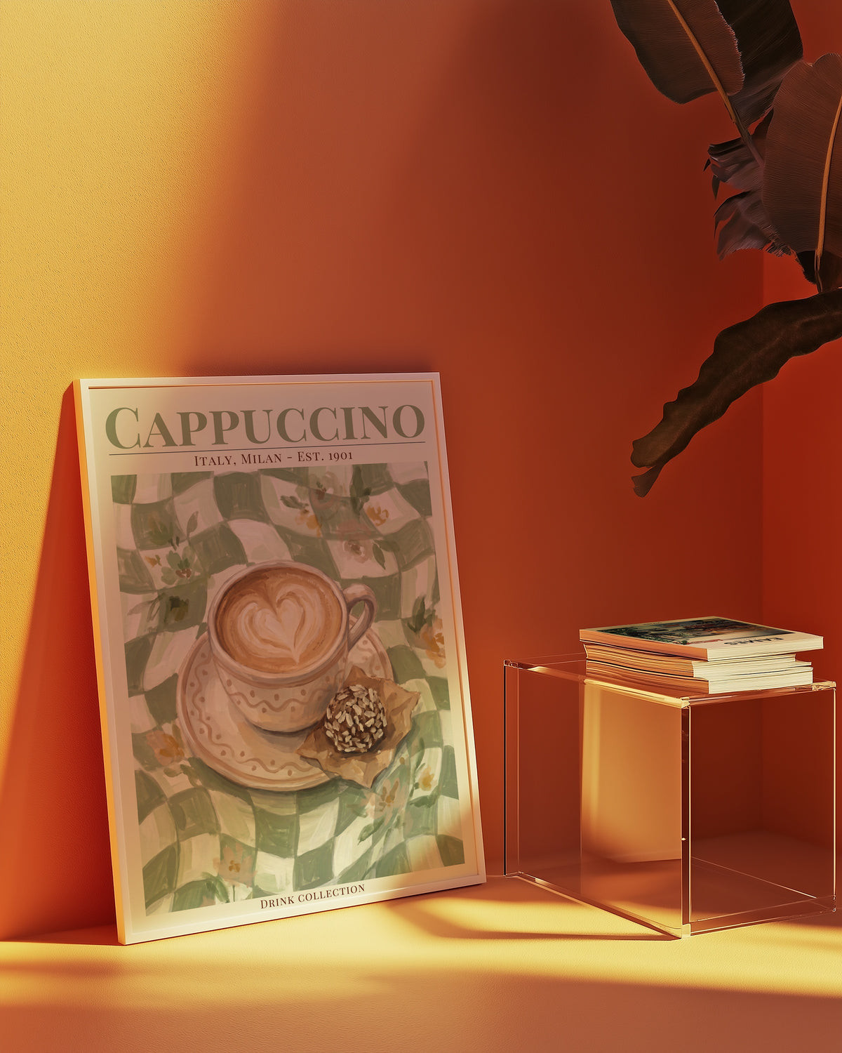 Cappuccino poster på vägg i hemmiljö – Bozetto konsttryck i hög tryckkvalitet