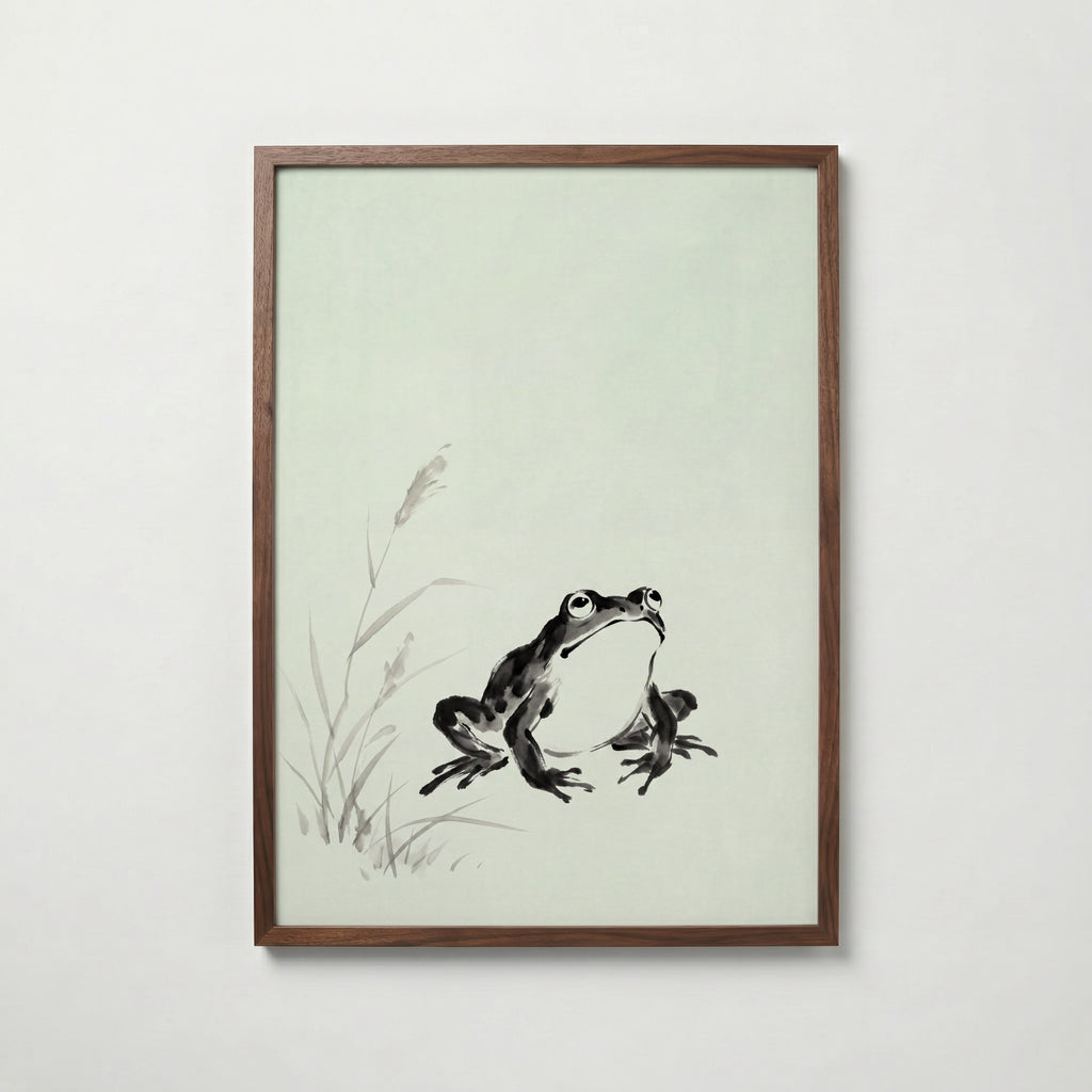 Celadon Frog Poster i valnötsram – japansk grodakonst, fri frakt över 499 kr