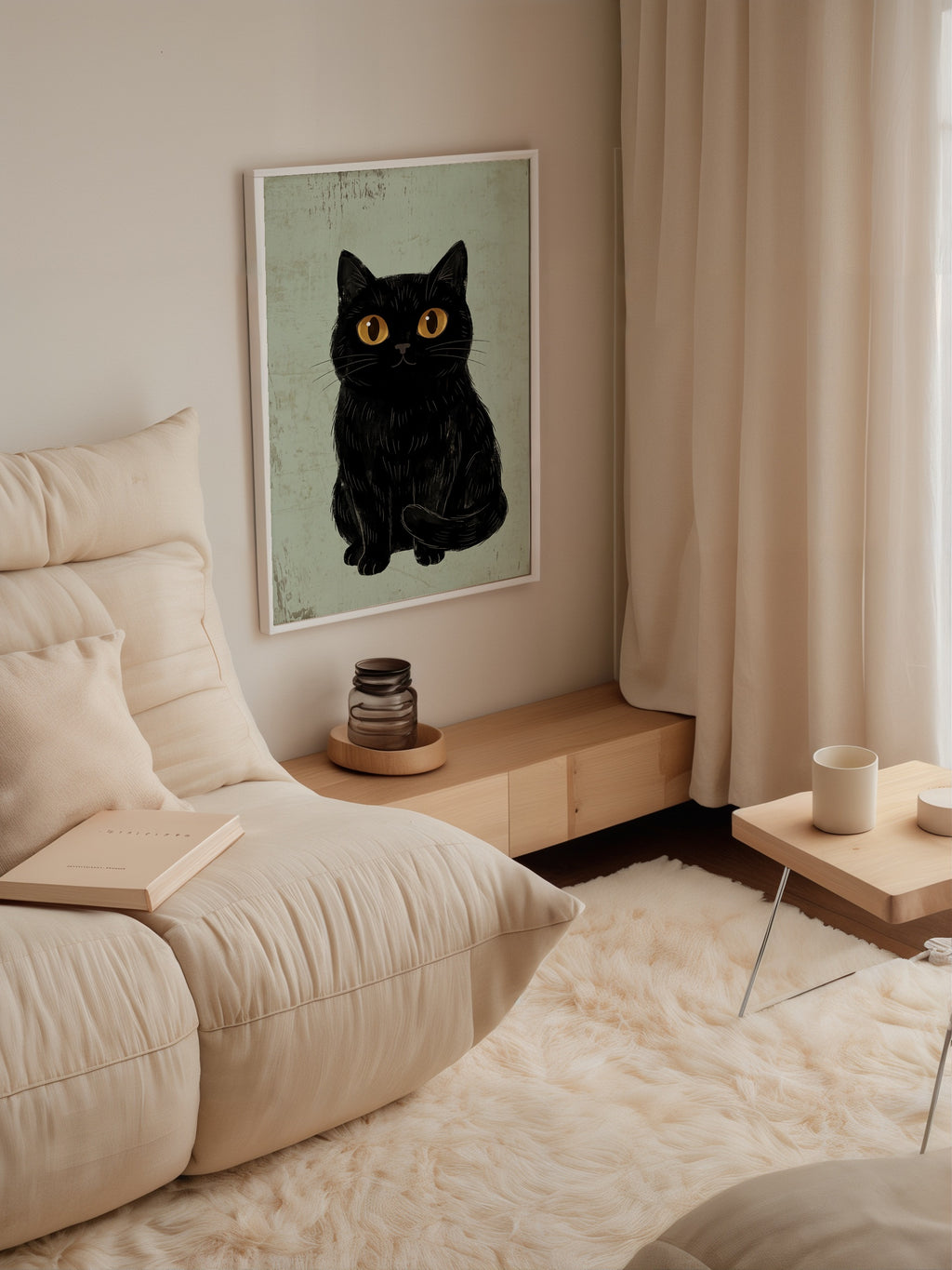 Curious Cat Poster, naivistisk svart katt med stora gula ögon som inredningsdetalj, väggkonst från Bozetto
