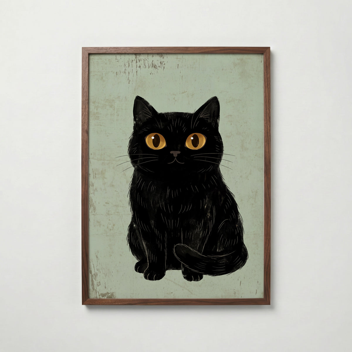 Curious Cat Poster, naivistisk svart katt med stora gula ögon i valnötsram, fri frakt över 499 kr hos Bozetto