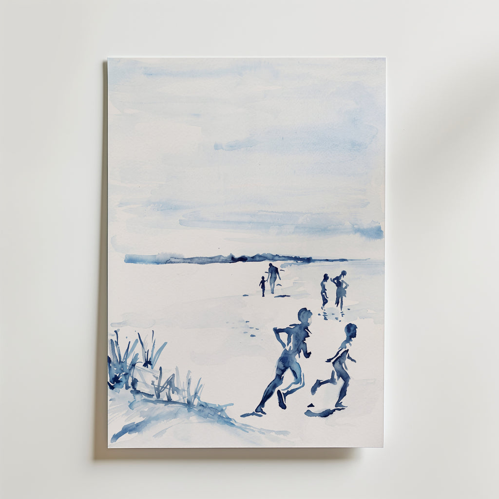 Indigo Shore Poster, strandmotiv i blå akvarell som canvastavla, väggkonst från Bozetto