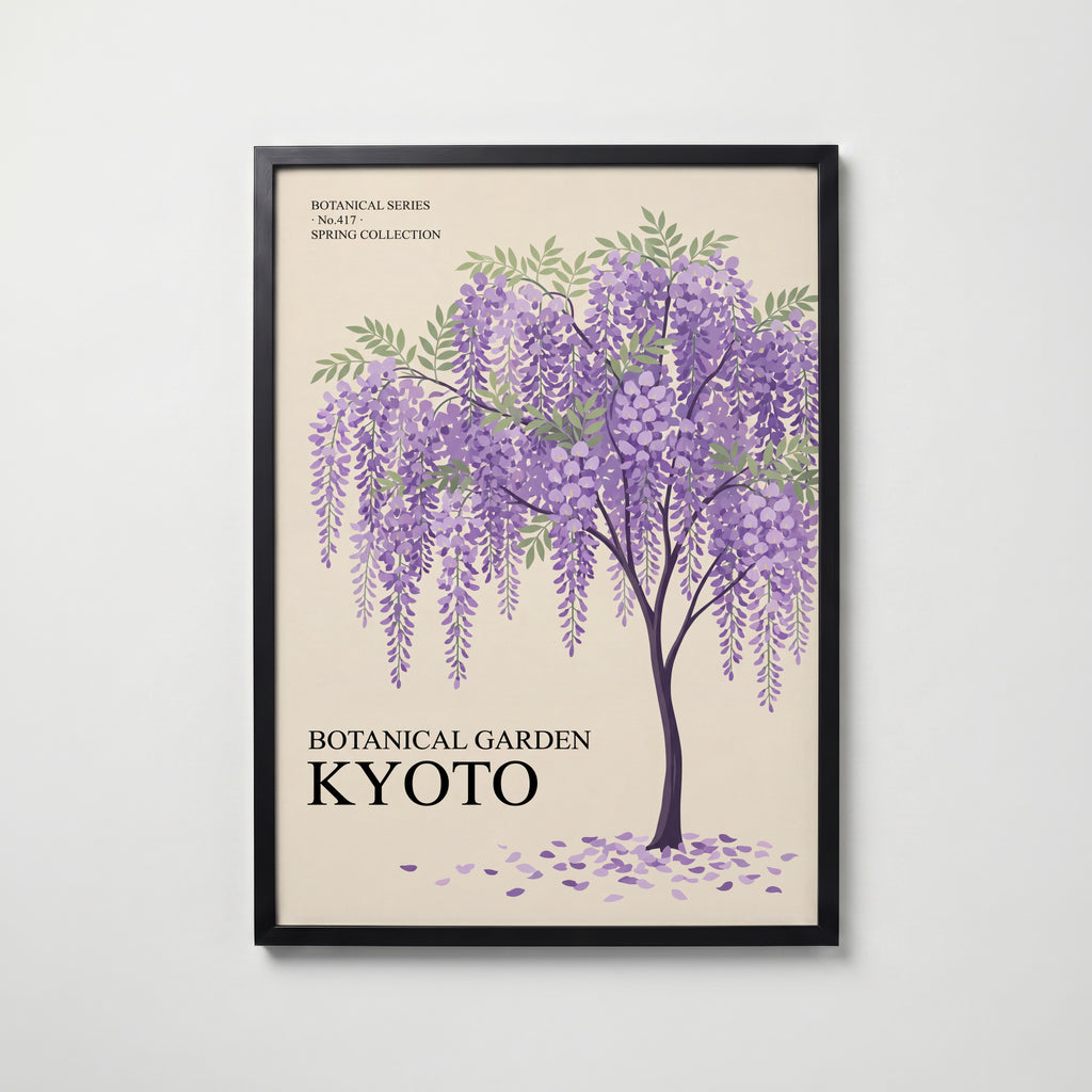 Botanical Garden Kyoto i svart ram, grafiskt vårmotiv med blåregn från Bozetto