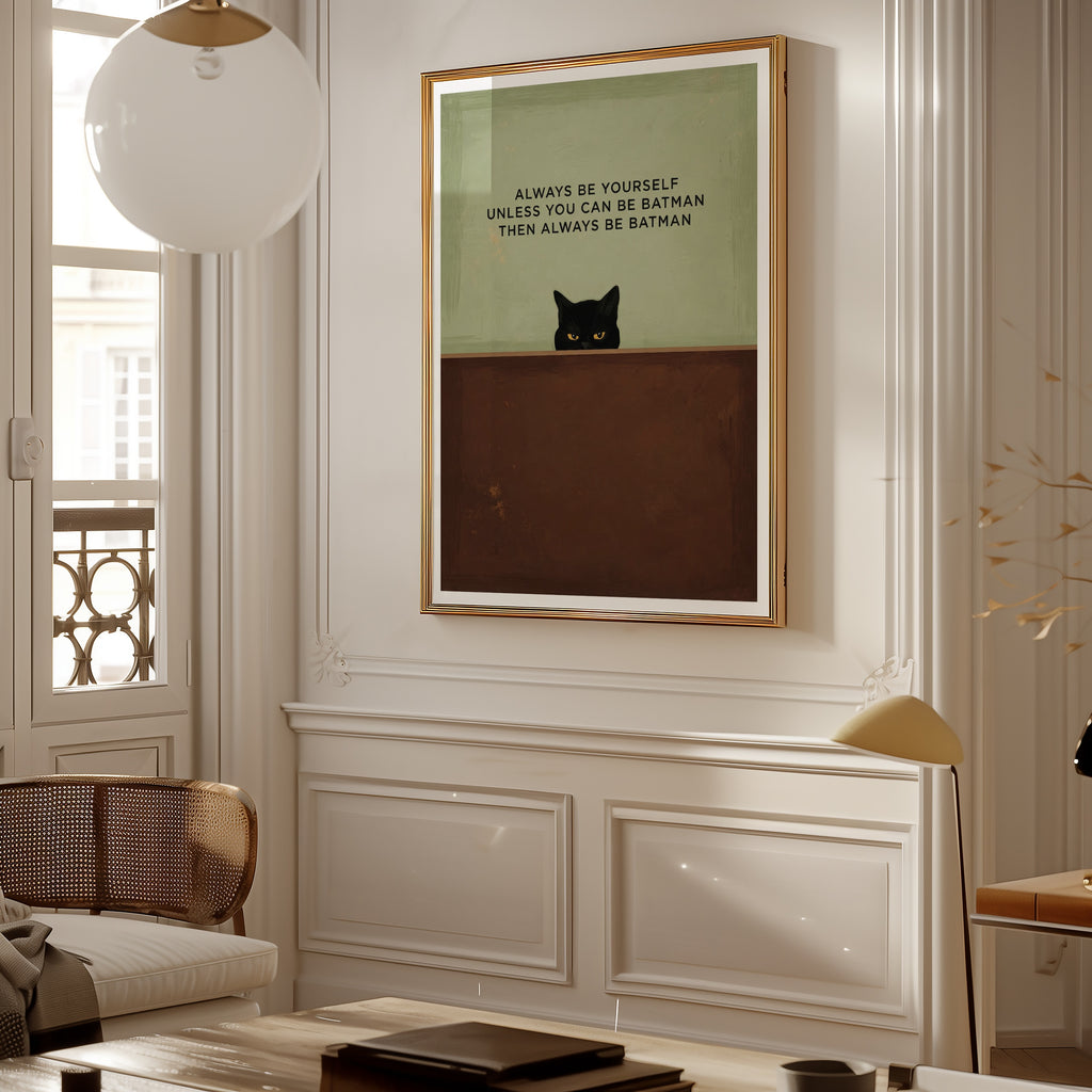 Funny Cat Quote affisch i inramning på vägg i stilrent rum – Bozetto konsttryck