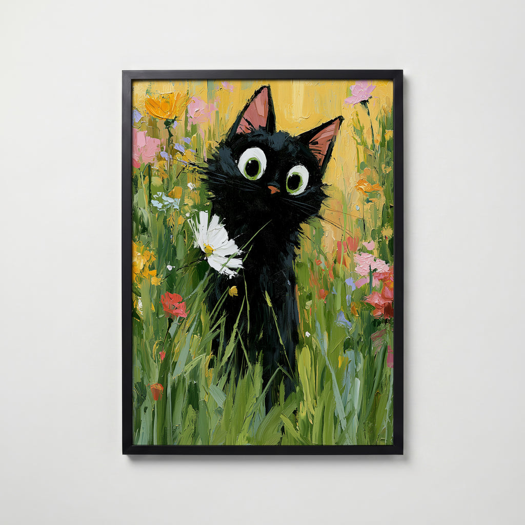 Garden Cat with White Flower Poster i svart ram fran Bozetto