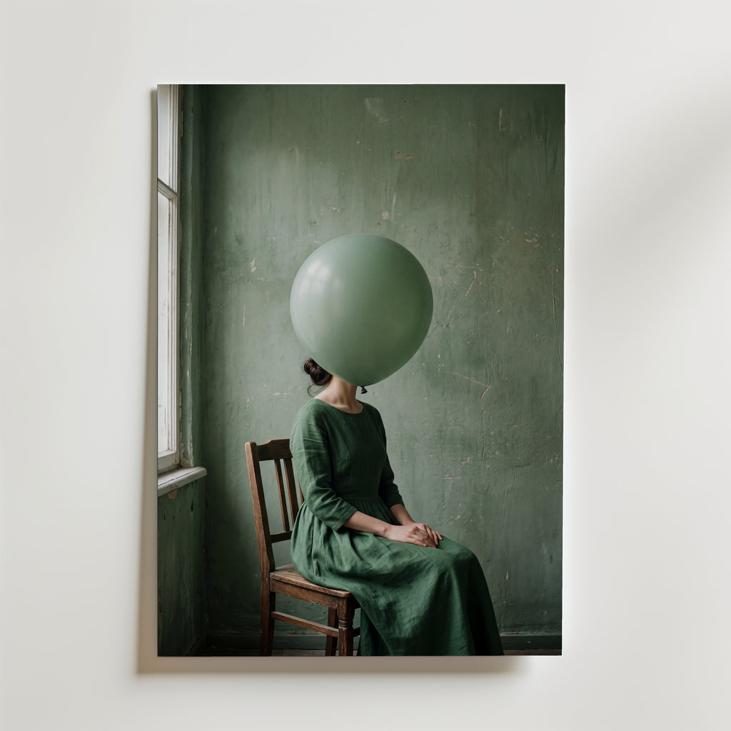 Green Balloon Poster – surrealistiskt porträtt på canvas, premiumtryck från Bozetto