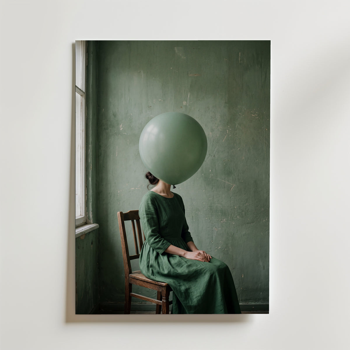 Green Balloon Poster – surrealistiskt porträtt på canvas, premiumtryck från Bozetto