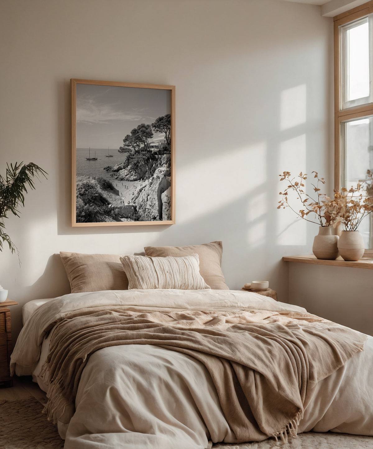 Grey Eden poster på vägg med segelbåtar och vit villa, konst från Bozetto.