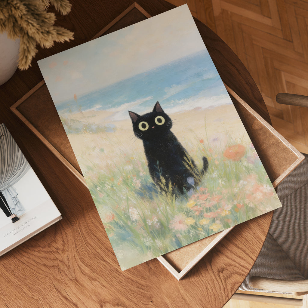Seaside Meadow Cat affisch på vit bakgrund – köp enkelt hos Bozetto i hög kvalitet