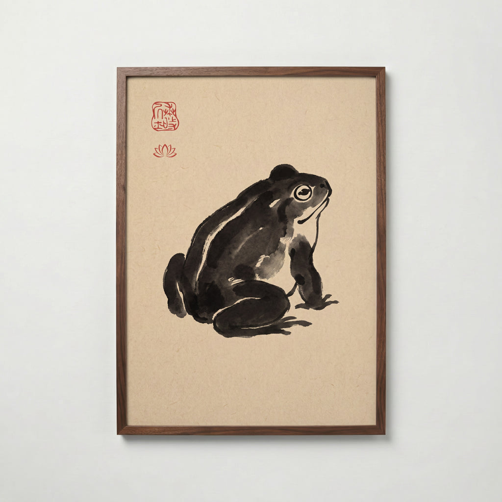 Ink Frog Poster i valnötsram, lugn groda i sumi-e från Bozetto