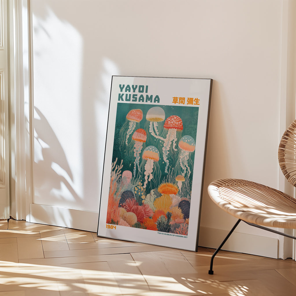 Yayoi Kusama Floating Jellyfish Reverie affisch inredd i rum – Bozetto poster i hög kvalitet
