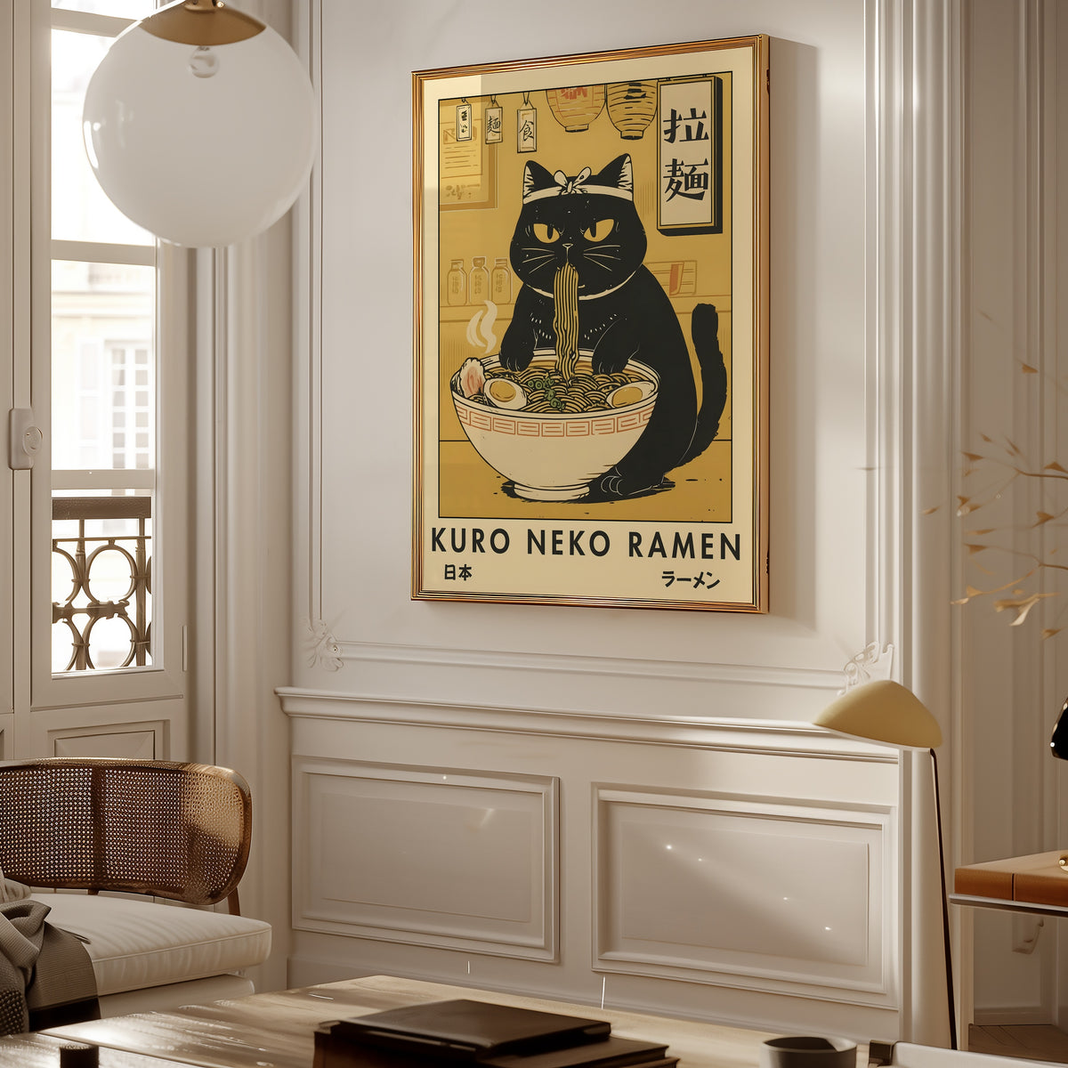 Kuro Neko Ramen Cat poster i inramad miljö på vägg – Bozetto