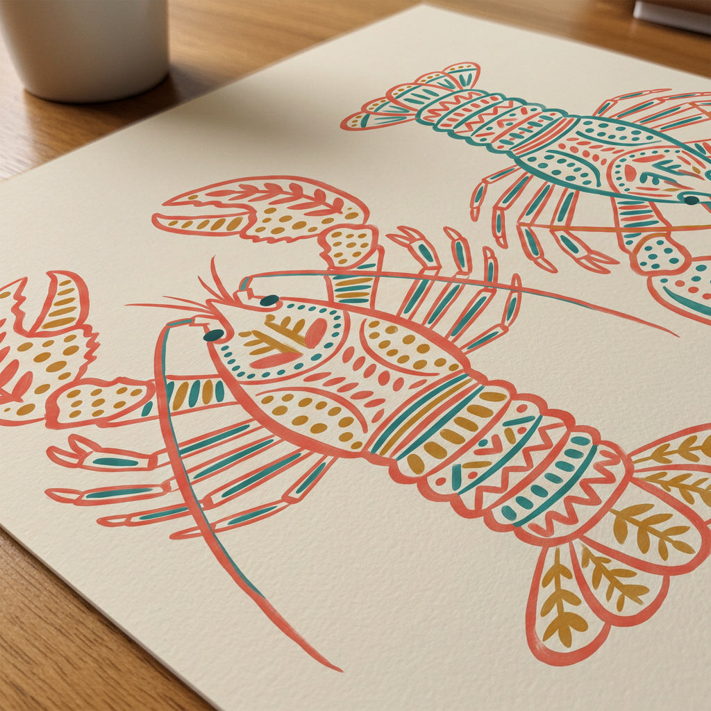 Folk Art Lobsters Poster – närbild på papper
