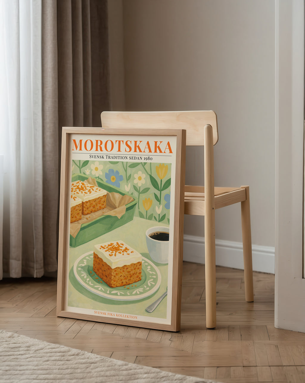 Morotskaka affisch i ljust minimalistiskt vardagsrum – köp enkelt hos Bozetto i hög kvalitet