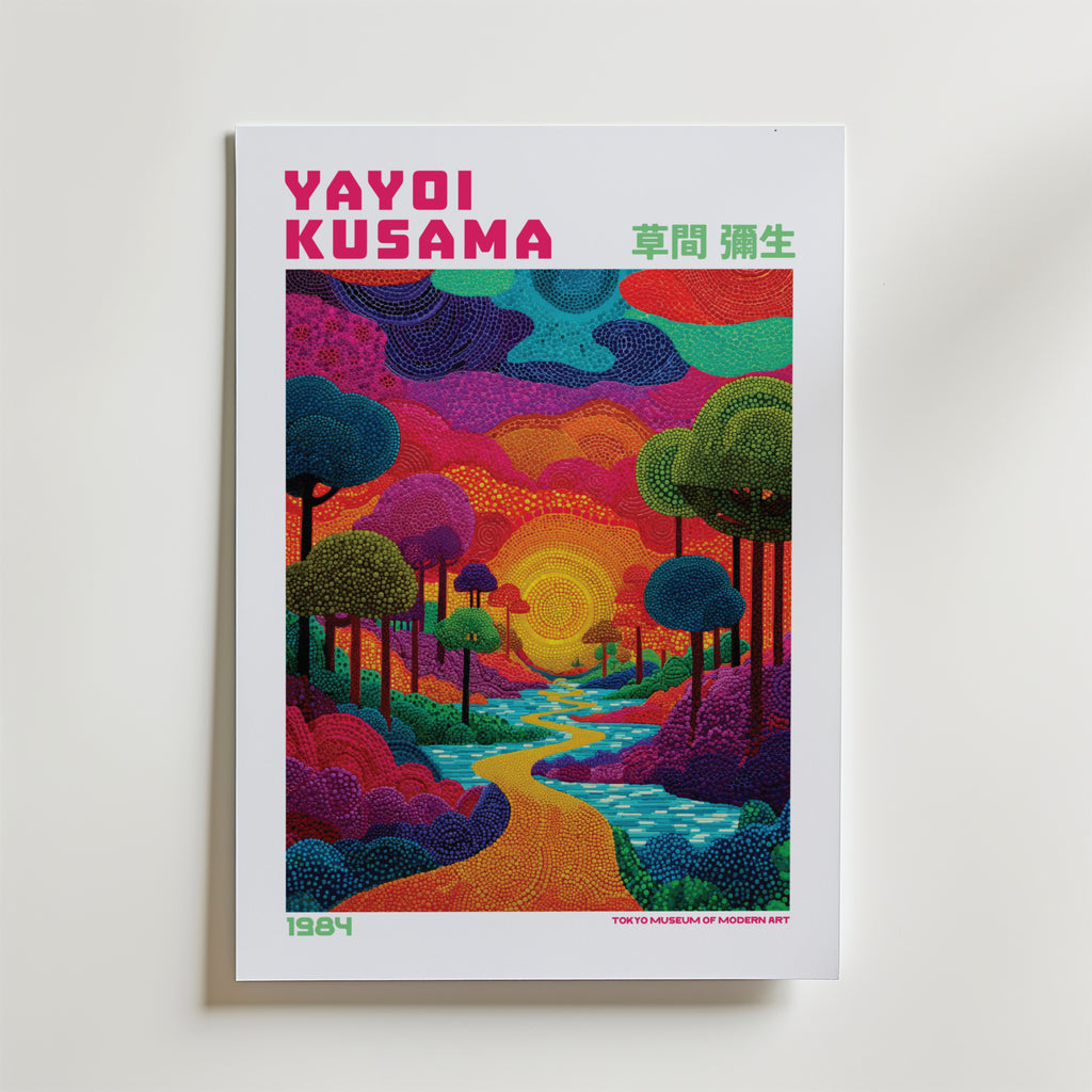 Mockup av Yayoi Kusama Dotted Sunset affisch på vägg – köp enkelt hos Bozetto i hög kvalitet