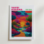 Mockup av Yayoi Kusama Dotted Sunset affisch på vägg – köp enkelt hos Bozetto i hög kvalitet