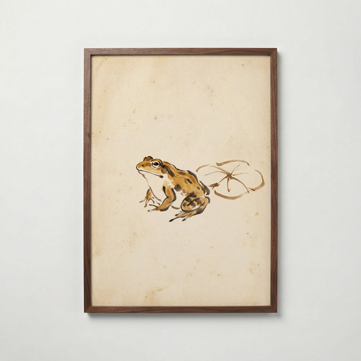 Ochre Zen Pond Poster i valnötsram med stillsam japansk bläckkonst