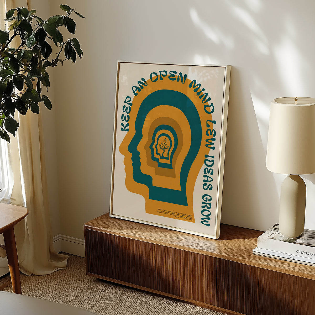 Open Mind Poster på vägg i hemmiljö, retroaffisch från Bozetto tryckt i Sverige