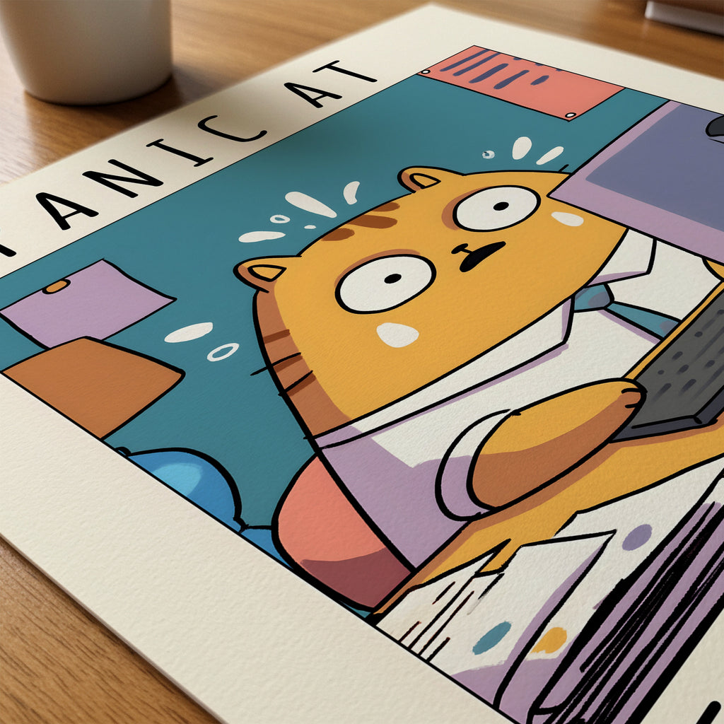 Corporate Panic Cat konsttryck på skrivbord – Bozetto poster i hög kvalitet