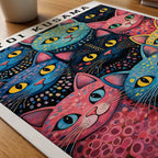 Yayoi Kusama Polka Dot Cat Parade poster på skrivbord, paper on desk – Bozetto
