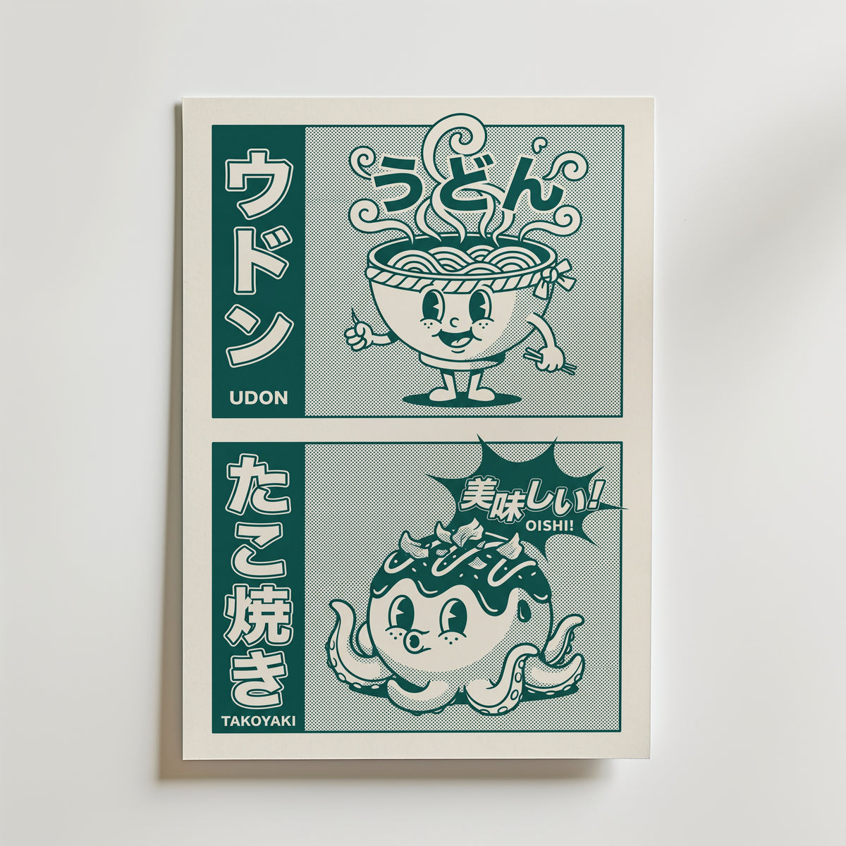 Jade Kombini Poster – retro udon-maskot och takoyaki i jadegrönt, tryckt i Sverige