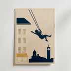 Skyline Swing Poster, barn som gungar över stadssiluett, tryckt i Sverige