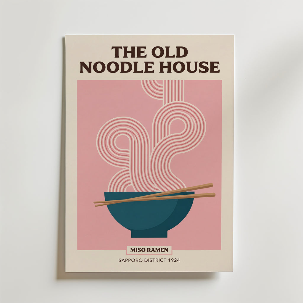 Old Noodle House – mid-century affisch med teal ramenskål och nudellinjer, tryckt i Sverige.