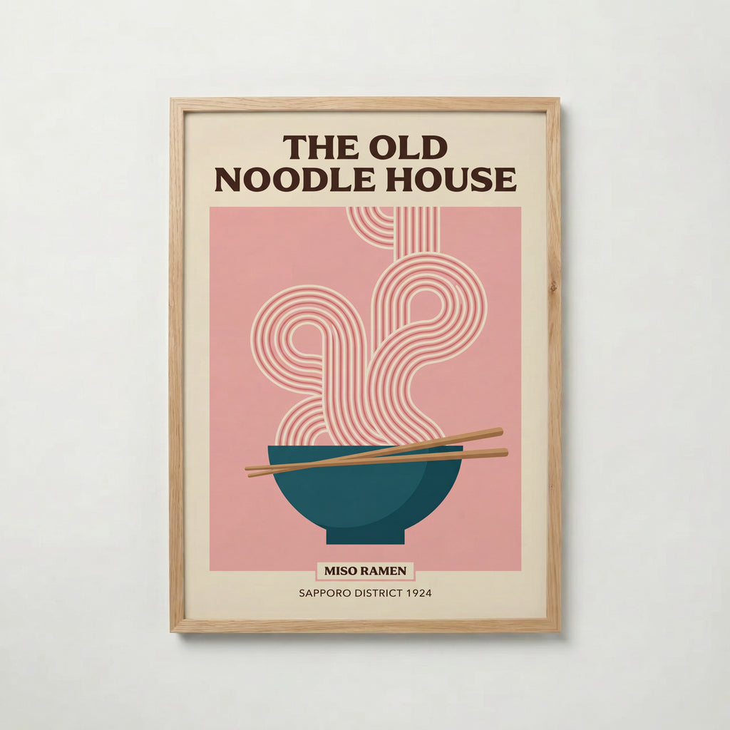 Old Noodle House – affisch i ekram med teal ramenskål, fri frakt över 499 kr.