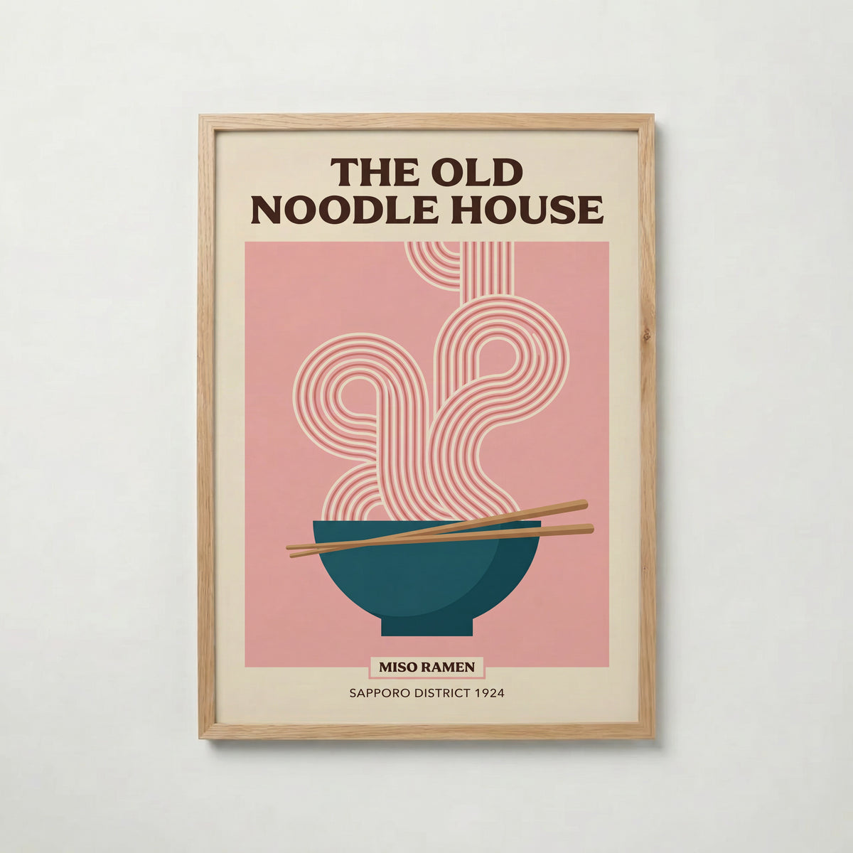 Old Noodle House – affisch i ekram med teal ramenskål, fri frakt över 499 kr.
