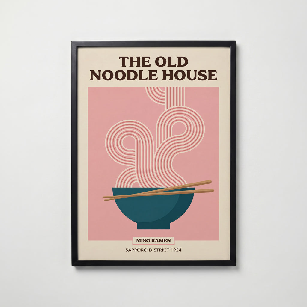 Old Noodle House – affisch i svart ram med grafiska nudellinjer, konst från Bozetto.