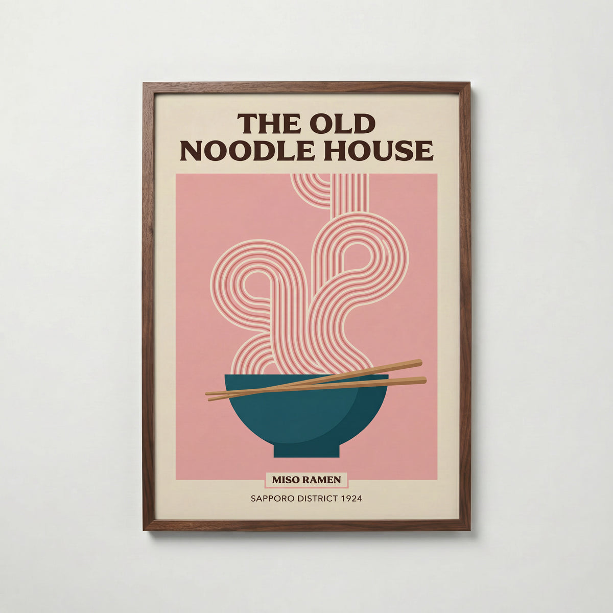 Old Noodle House – affisch i valnötsram med rosa ramenmotiv, leverans 1-3 dagar.