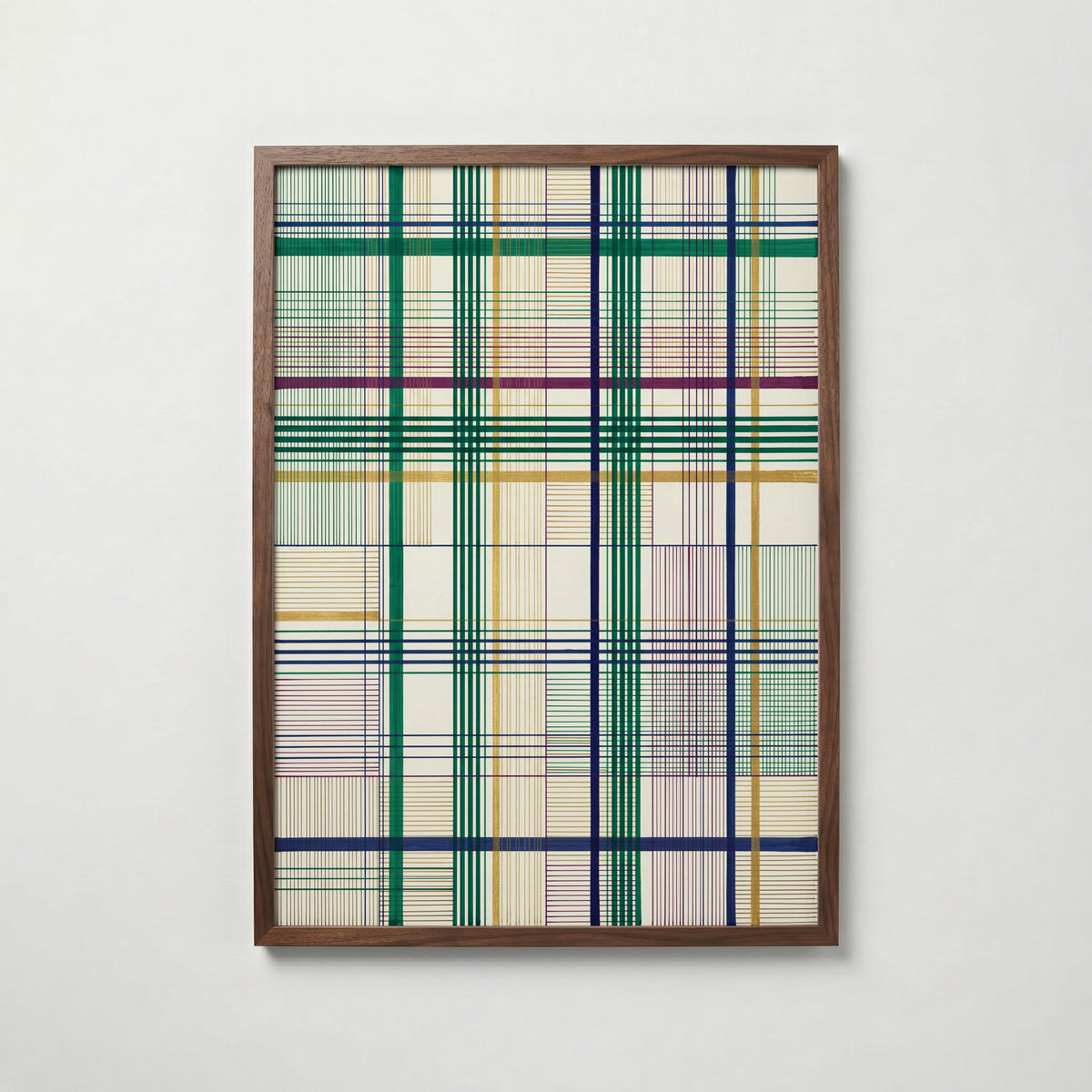 Threaded Grid Poster – fint linjerutnät i smaragd, marinblått, plommon och guld på elfenben i valnötsram, fri frakt över 499 kr
