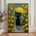 Umbrella Cat in Yellow Garden Poster inramad pa en vagg i ett ljust vardagsrum